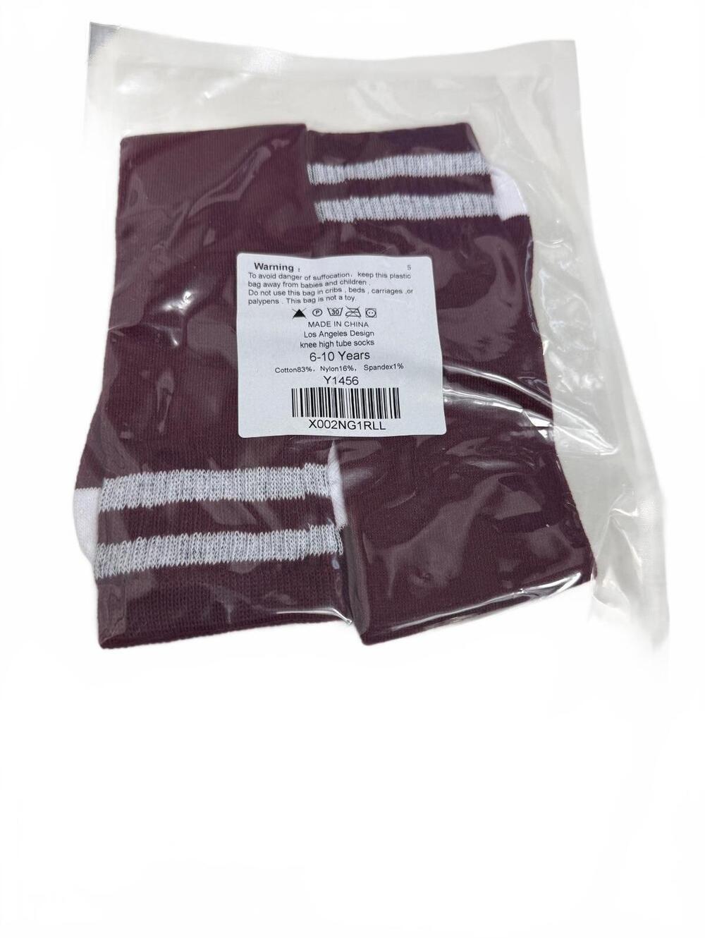 Burgundy and White Kids' Socks Size 6-10 Years